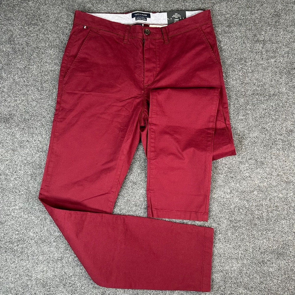 Tommy Hilfiger Men's Red Solid Modern TH Flex Stretch Slim Fit Pants Size 32x34